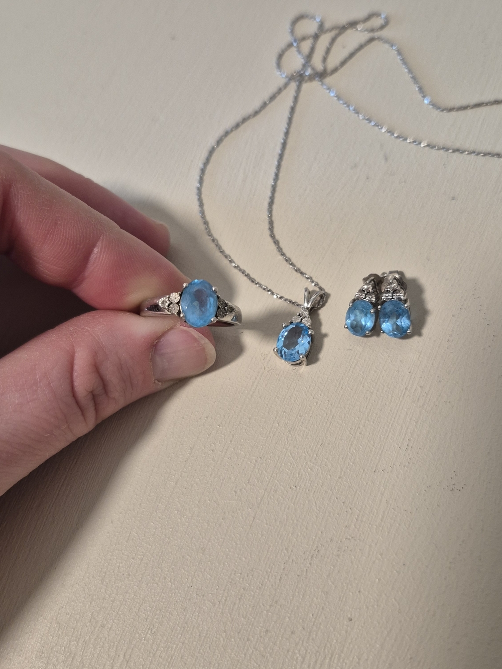 . 925 Sterling Silver Blue Topaz Oval Ring, Pendant & Stud Earrings Set